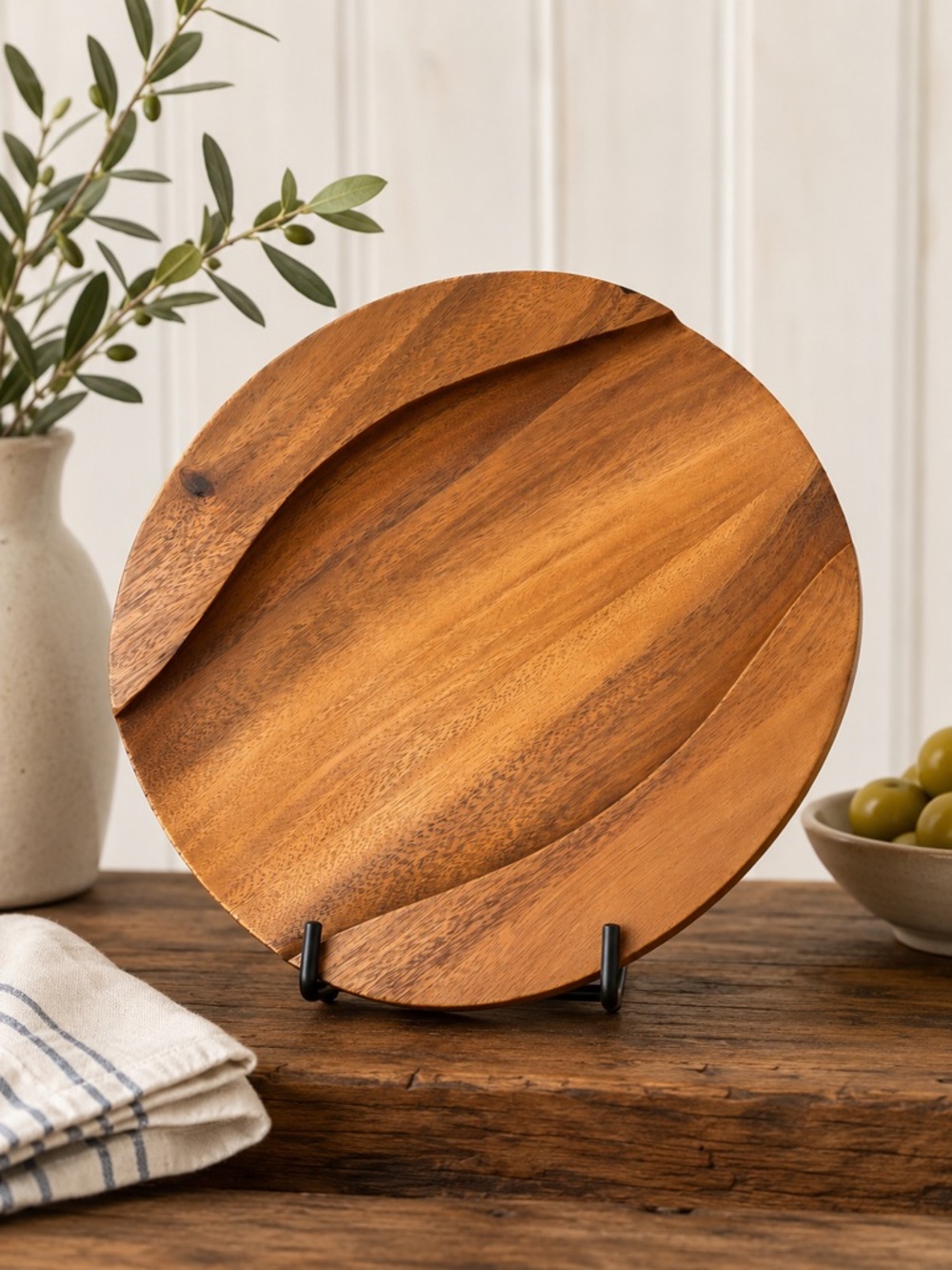 Nambe Acacia Wood Round Serving Tray Decorative Centerpiece Platter 15 inch